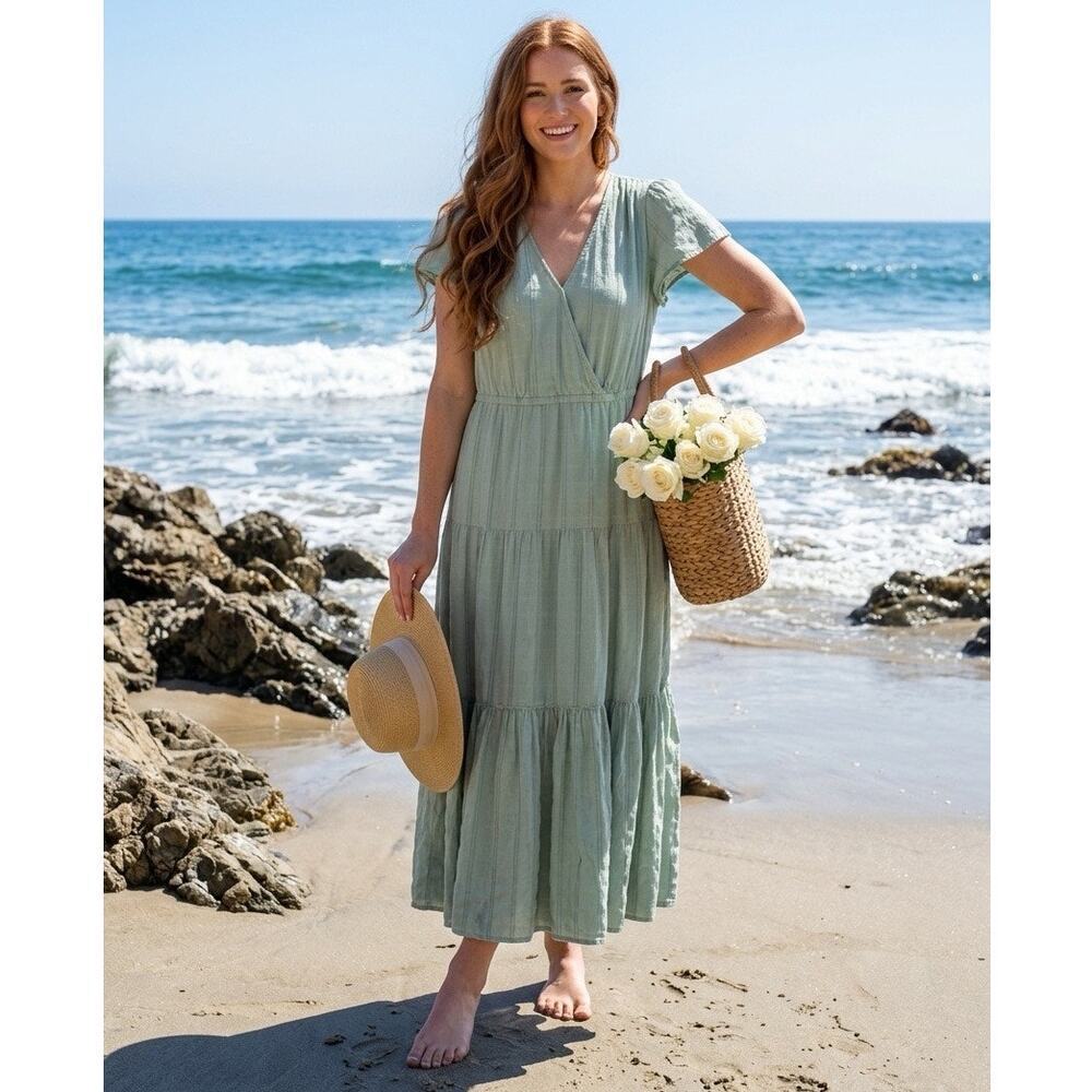 Lauren Ralph Lauren Flutter Sleeve Tiered Midi Dress Womens 8 Cottage Boho Chic